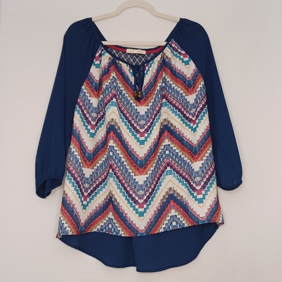 Rewind Tops - Women's Rewind Blue Sheer w/ Lace South Western Herringbone Hippie/Boho Size XL‎
